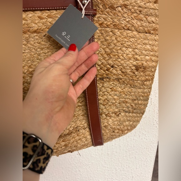 Haute Hippie Straw Woven Raffia Bag Tan Brown Leather Pocket and Trim Tote NWT - Picture 5 of 7